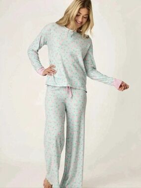 PJ Salvage Secret Garden Thermal Pajama Set Light Mint Pink Rose Floral Medium